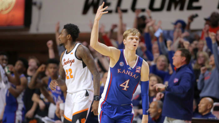 Kansas Jayhawks guard Gradey Dick celebrates.